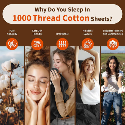 1000 Thread Count 100% Egyptian Cotton Twin Sheet Set, 3-Piece Deep Pocket Bedding Set, 16" Soft and Comfortable for All Seasons (Black)