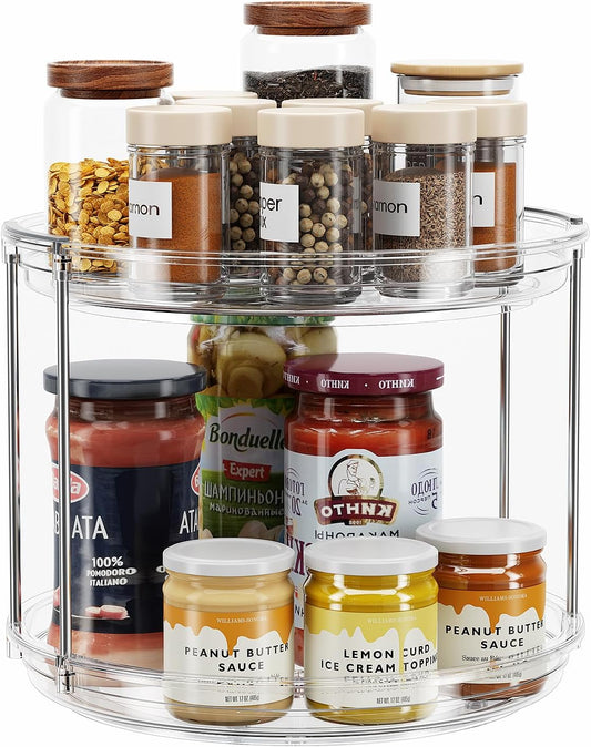 2-Tier Rotating Lazy Susan Turntable Organizer - 9.25'' Clear Spice Rack for Kitchen, Pantry, Bathroom, and Vanity Storage