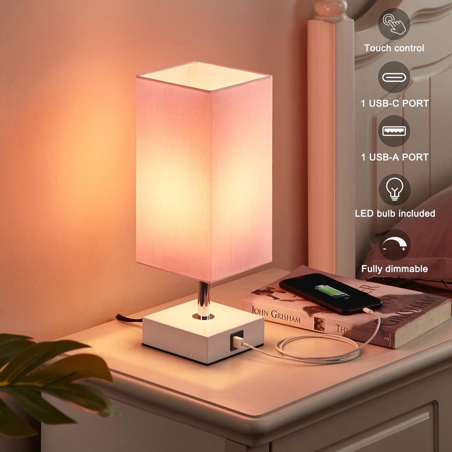 Touch Control Table Lamp with Dual USB Charging Ports, 3-Way Touch Functionality, Ideal for Bedrooms and Living Rooms, Pink Shade with White Base, Includes LED Bulb