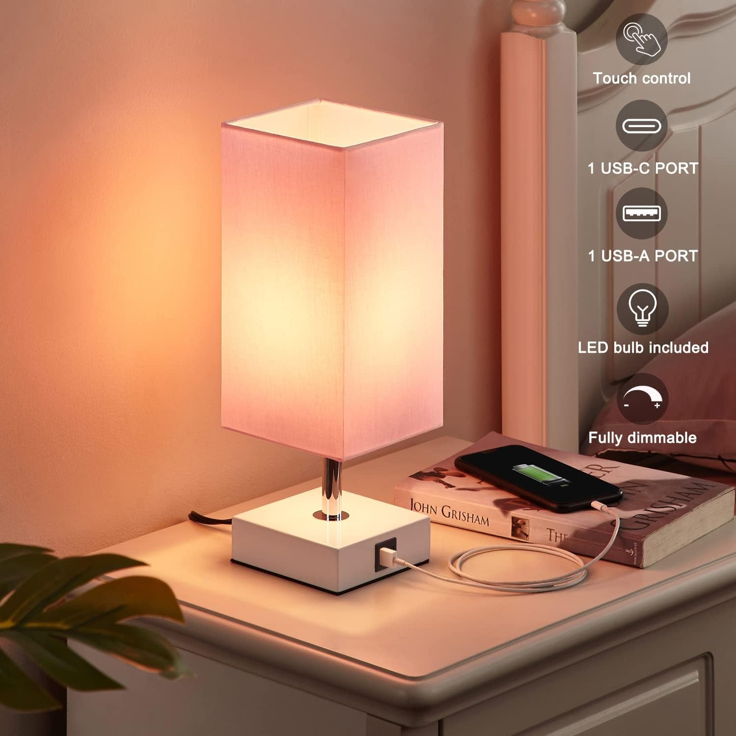 Touch Control Table Lamp with Dual USB Charging Ports, 3-Way Touch Functionality, Ideal for Bedrooms and Living Rooms, Pink Shade with White Base, Includes LED Bulb