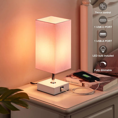 Touch Control Table Lamp with Dual USB Charging Ports, 3-Way Touch Functionality, Ideal for Bedrooms and Living Rooms, Pink Shade with White Base, Includes LED Bulb