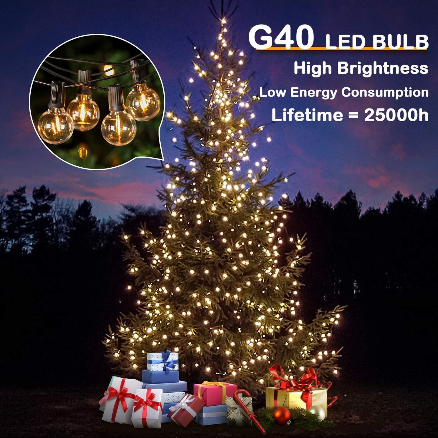50FT Shatterproof LED G40 Globe String Lights with 52 Dimmable Edison Bulbs - Waterproof Outdoor Patio Lighting for Weddings, Parties, and Cafes