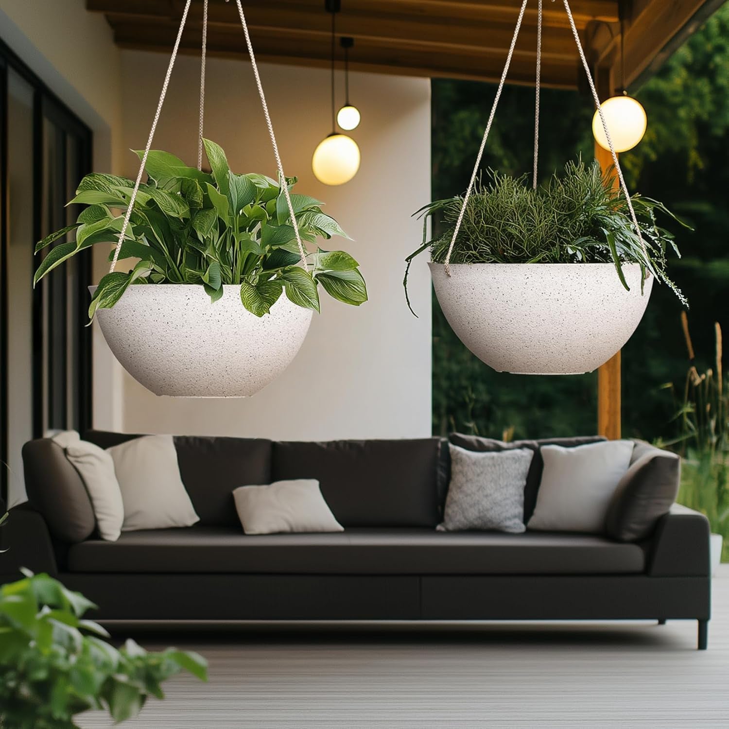 Large Outdoor Hanging Planters - Set of 2, 13-Inch Speckled White Flower Pots