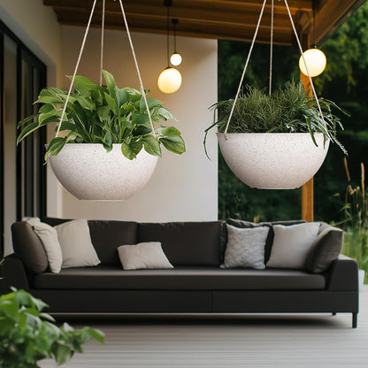 Large Outdoor Hanging Planters - Set of 2, 13-Inch Speckled White Flower Pots