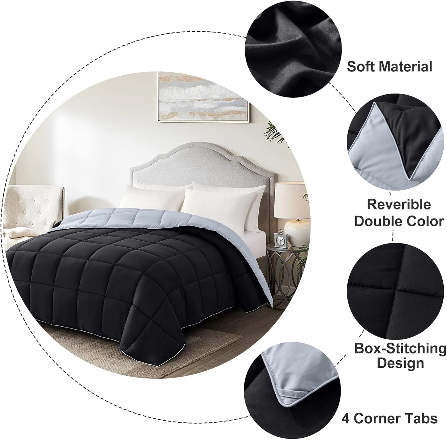 Oversized Queen Comforter - Lightweight Down Alternative Duvet Insert, Reversible Black and Light Grey Quilted Bedding for All Seasons