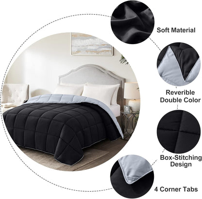 Oversized Queen Comforter - Lightweight Down Alternative Duvet Insert, Reversible Black and Light Grey Quilted Bedding for All Seasons