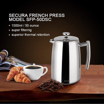 50-Ounce French Press Coffee Maker - Insulated 304 Stainless Steel with Additional Screen