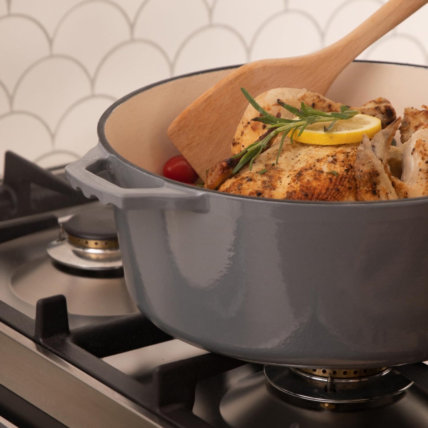 2-in-1 Enamel Cast Iron Dutch Oven with Skillet Lid - 7 Quart Grey Crock Pot and Braising Pan for Casserole Dishes