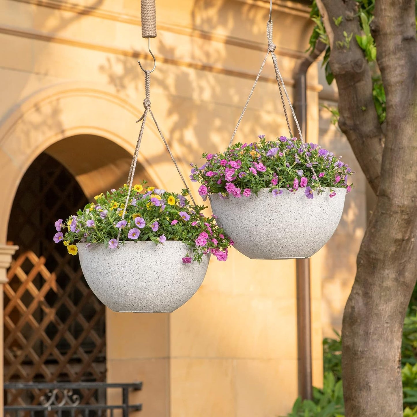Large Outdoor Hanging Planters - Set of 2, 13-Inch Speckled White Flower Pots