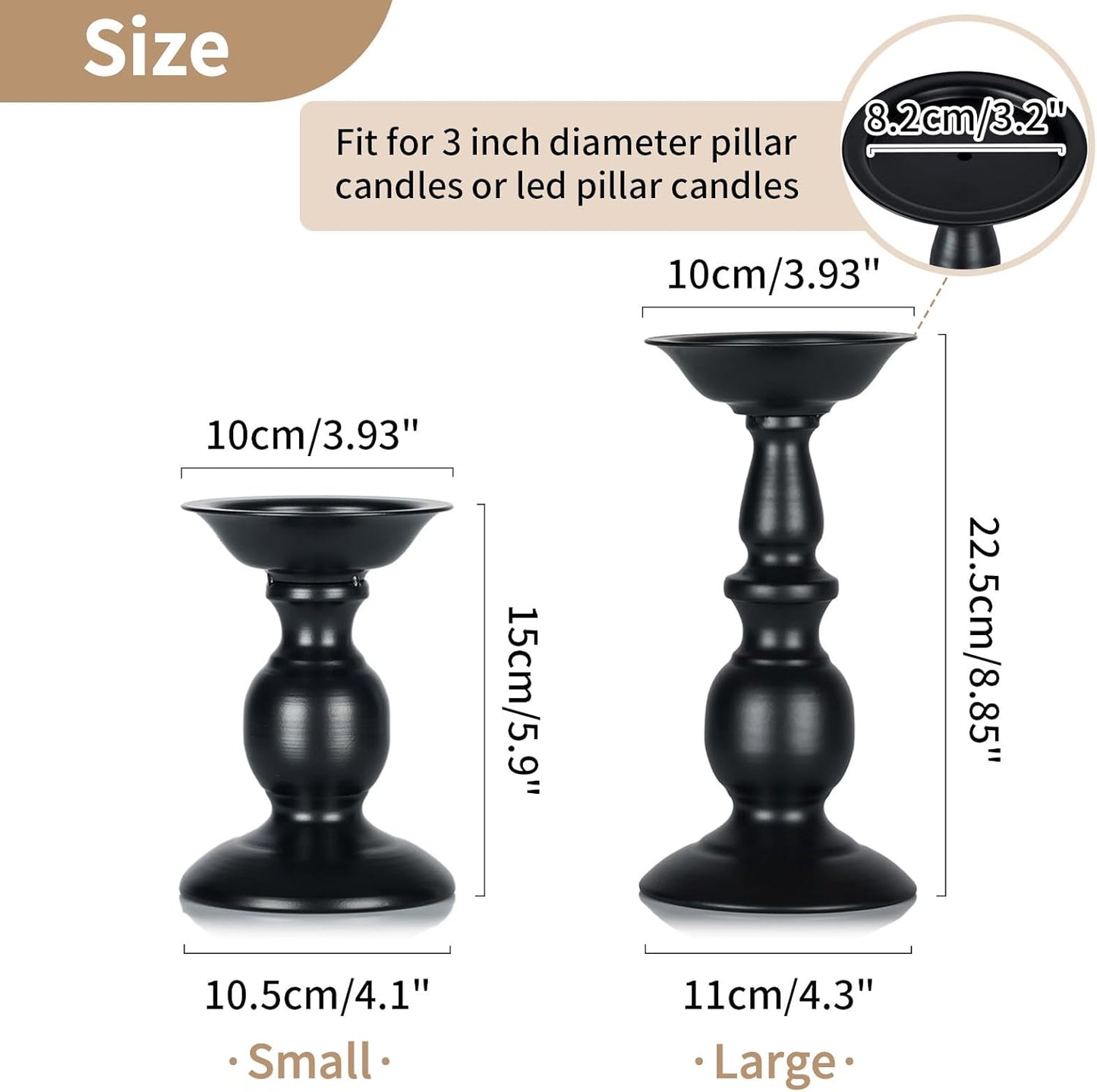 Black Metal Pillar Candle Holders Set - 2 Rustic Tall Candle Stands for Home Decor, Fireplace Centerpiece, Halloween and Easter Events