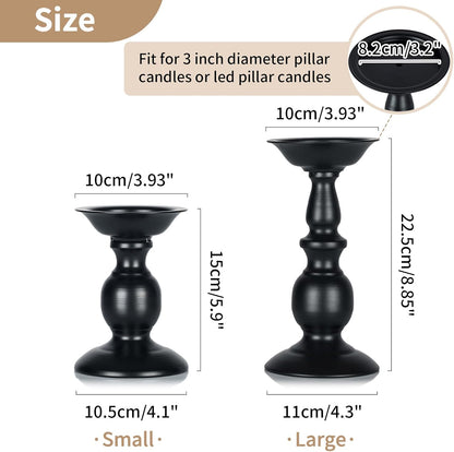 Black Metal Pillar Candle Holders Set - 2 Rustic Tall Candle Stands for Home Decor, Fireplace Centerpiece, Halloween and Easter Events
