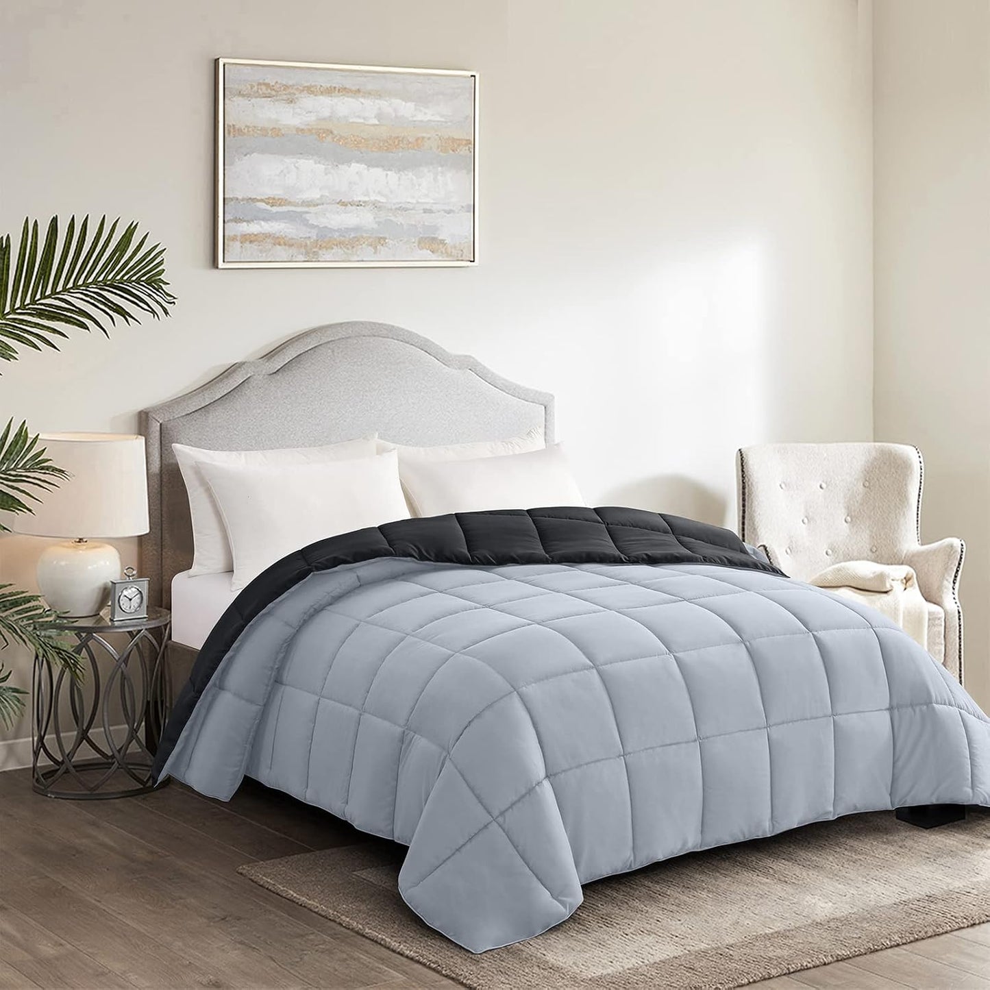Oversized Queen Comforter - Lightweight Down Alternative Duvet Insert, Reversible Black and Light Grey Quilted Bedding for All Seasons
