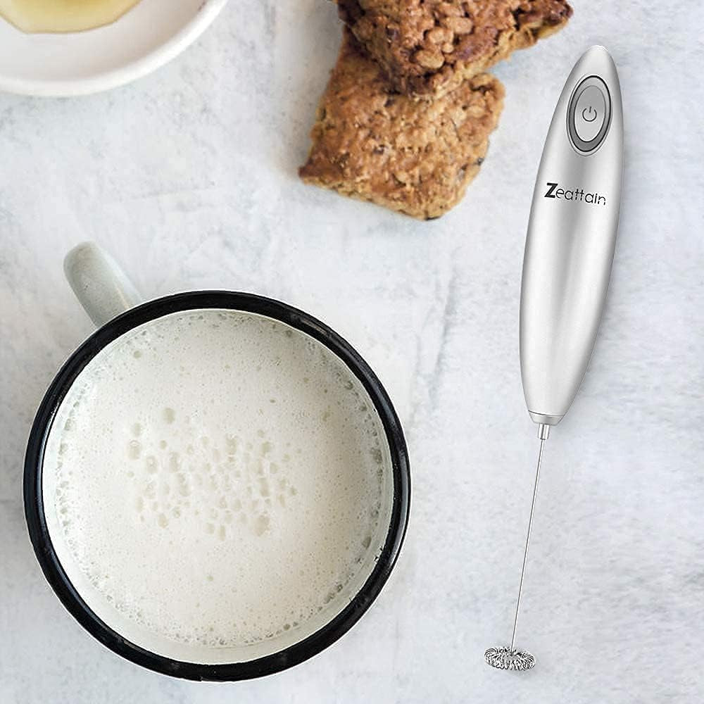 Handheld Electric Milk Frother and Whisk - Battery Operated Foam Maker for Cappuccino, Latte, Coffee, Matcha, and More - Silver
