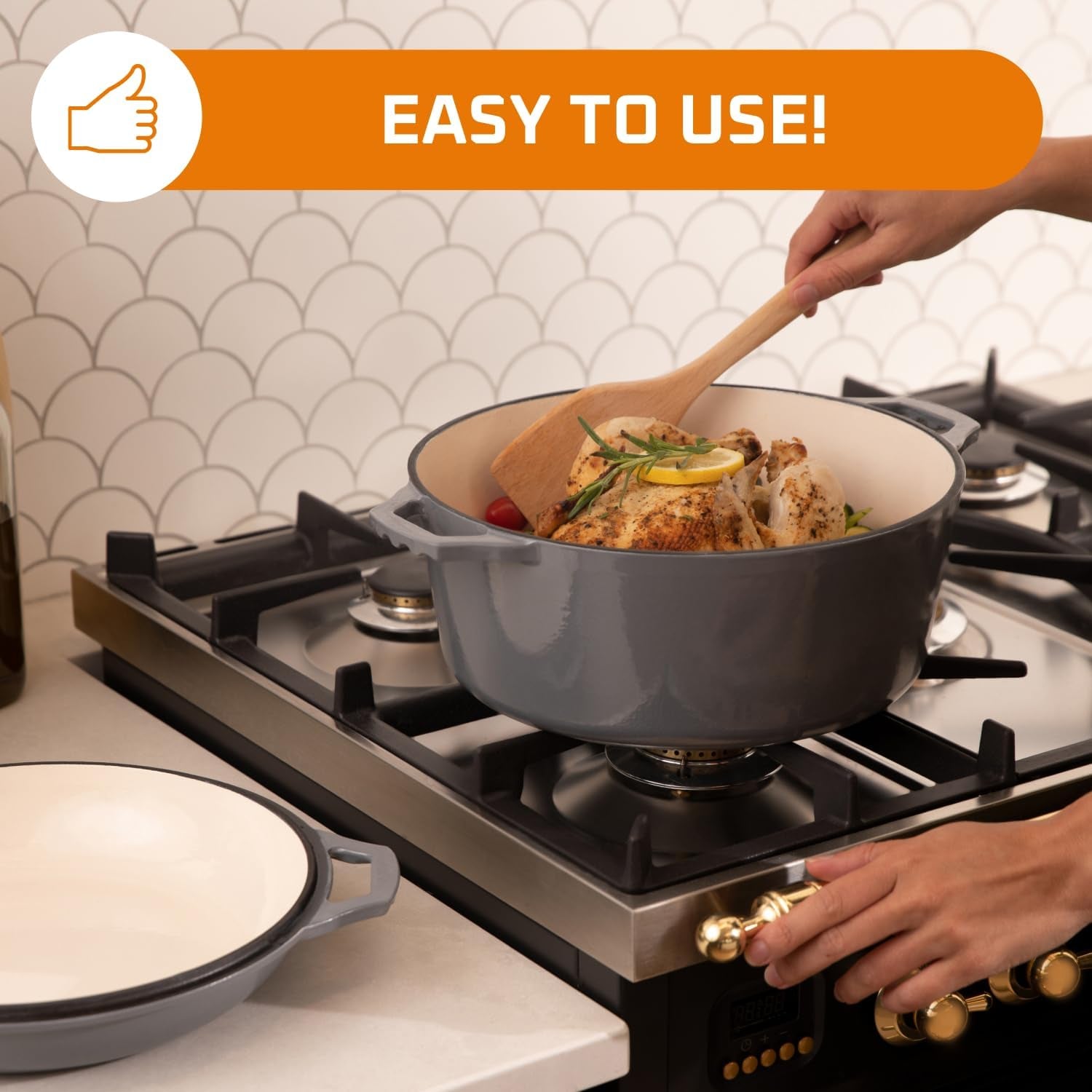 2-in-1 Enamel Cast Iron Dutch Oven with Skillet Lid - 7 Quart Grey Crock Pot and Braising Pan for Casserole Dishes