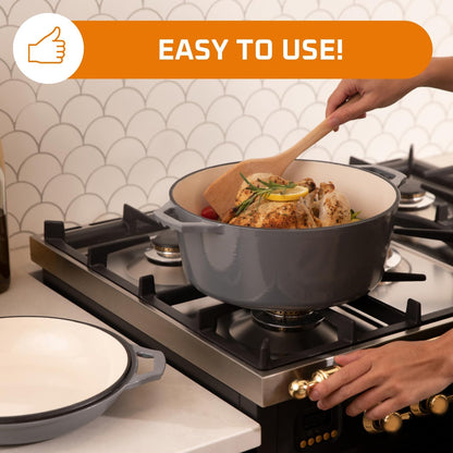 2-in-1 Enamel Cast Iron Dutch Oven with Skillet Lid - 7 Quart Grey Crock Pot and Braising Pan for Casserole Dishes