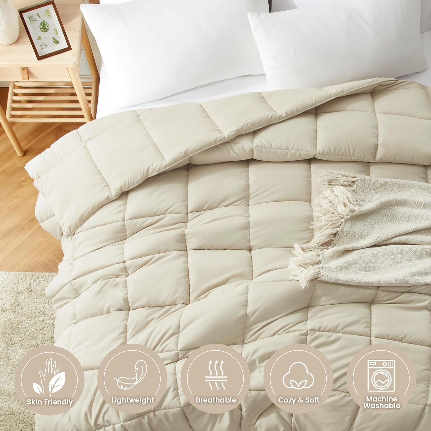 King Size Beige Down Alternative Comforter - Lightweight Quilted Bedding for All Seasons