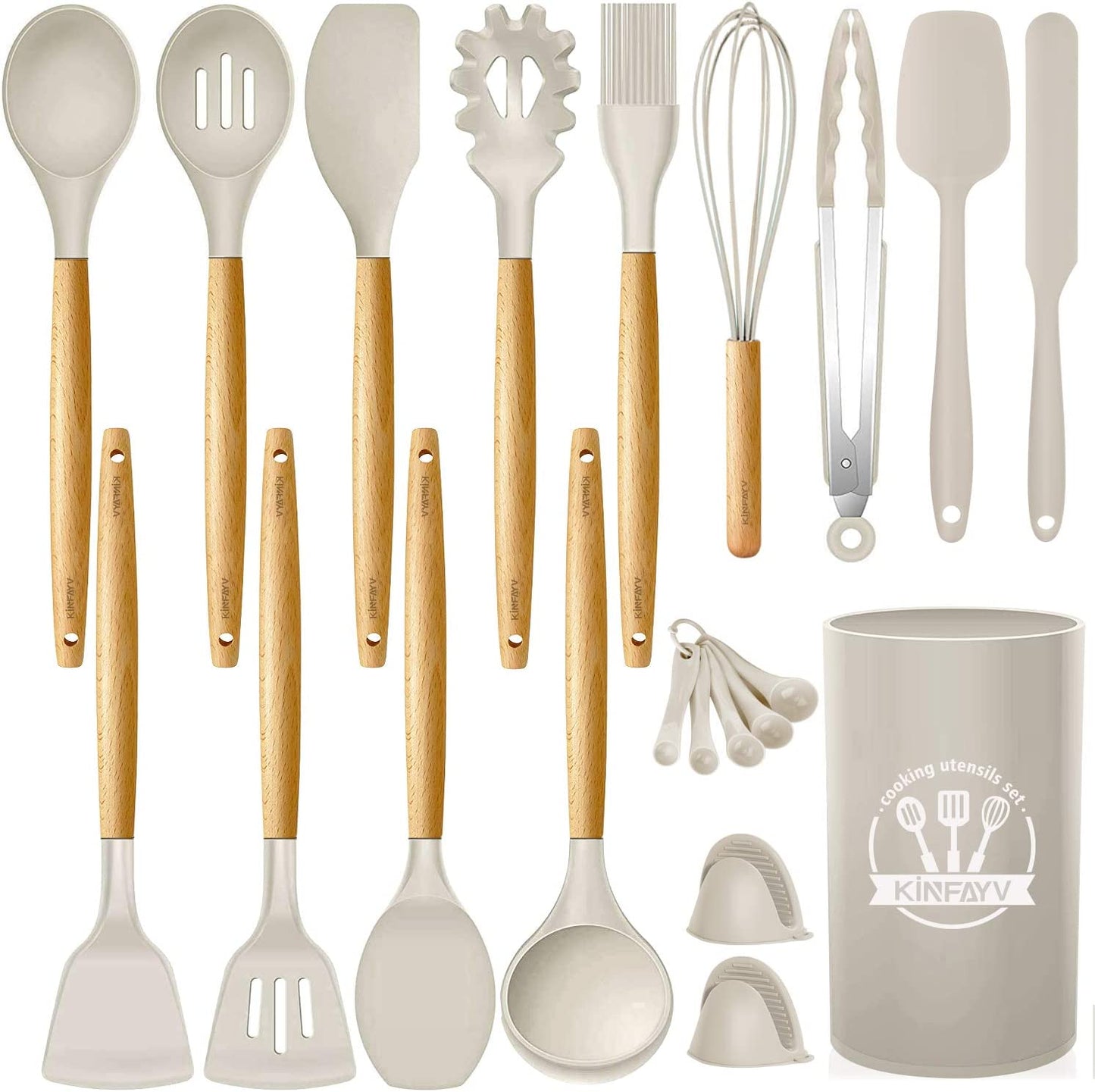 21-Piece Silicone Cooking Utensil Set with Wooden Handles - BPA-Free Non-Toxic Kitchen Tools for Nonstick Cookware, Includes Holder (Khaki)