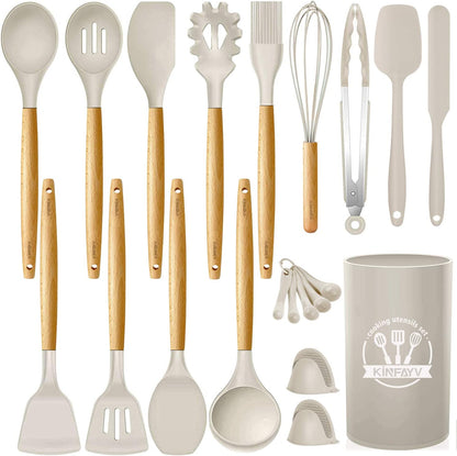 21-Piece Silicone Cooking Utensil Set with Wooden Handles - BPA-Free Non-Toxic Kitchen Tools for Nonstick Cookware, Includes Holder (Khaki)