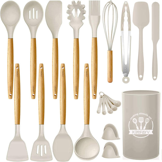 21-Piece Silicone Cooking Utensil Set with Wooden Handles - BPA-Free Non-Toxic Kitchen Tools for Nonstick Cookware, Includes Holder (Khaki)