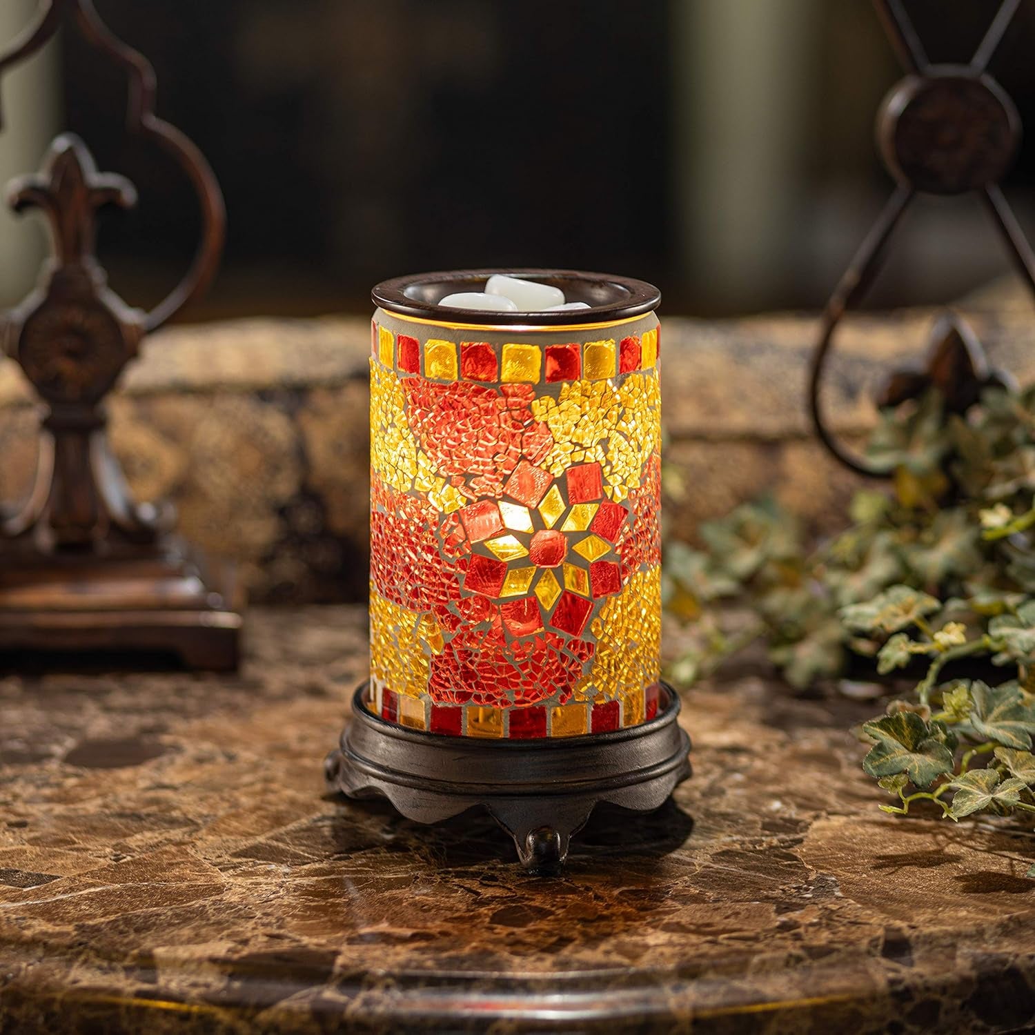 Wall Plug-In Mosaic Glass Wax Warmer in Ruby and Gold for Scented Wax, Essential Oils, and Candle Melts with Night Light Function