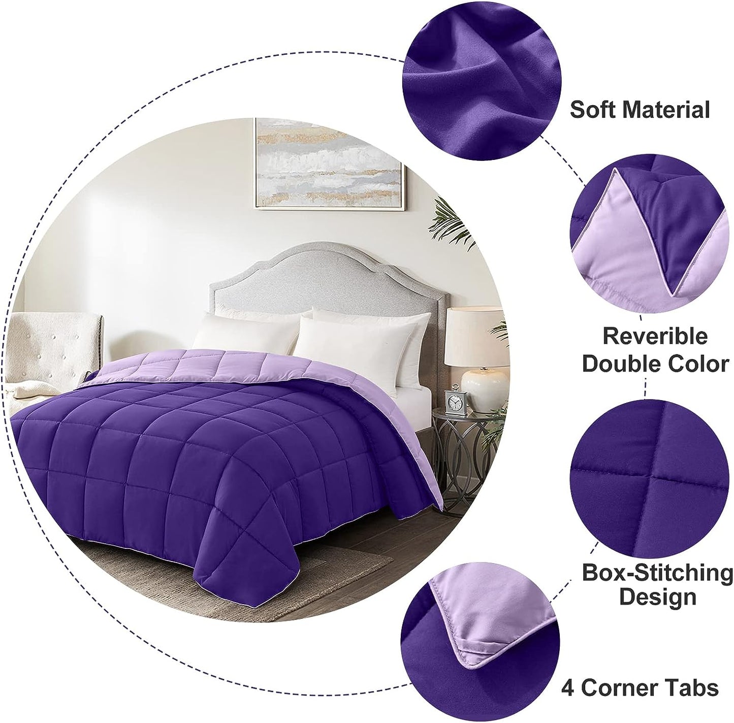 Twin Size Reversible Down Alternative Comforter - Lightweight Quilted Bedding in Plum and Light Purple for All Seasons