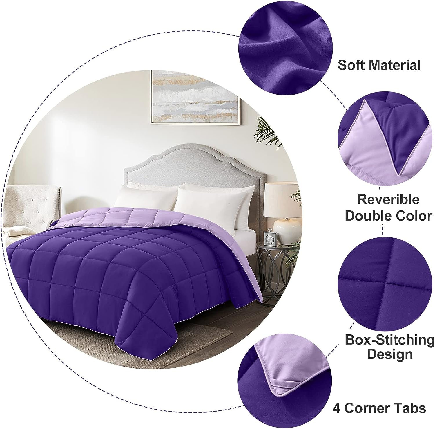 Twin Size Reversible Down Alternative Comforter - Lightweight Quilted Bedding in Plum and Light Purple for All Seasons