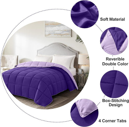 Twin Size Reversible Down Alternative Comforter - Lightweight Quilted Bedding in Plum and Light Purple for All Seasons