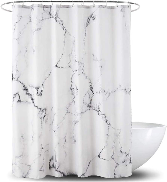 Grey and White Marble Fabric Shower Curtain with Hooks, Unique 3D Print Design, Waterproof with Reinforced Metal Grommets, Standard Size 72x72 Inches