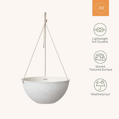 Large Outdoor Hanging Planters - Set of 2, 13-Inch Speckled White Flower Pots