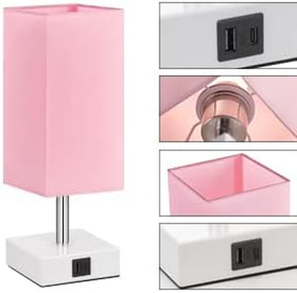 Touch Control Table Lamp with Dual USB Charging Ports, 3-Way Touch Functionality, Ideal for Bedrooms and Living Rooms, Pink Shade with White Base, Includes LED Bulb