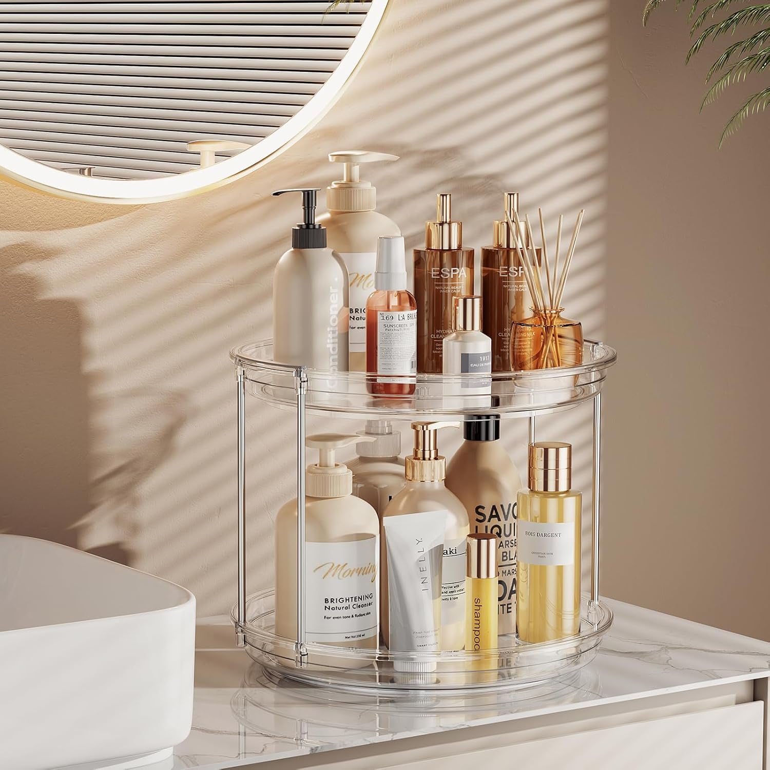 2-Tier Rotating Lazy Susan Turntable Organizer - 9.25'' Clear Spice Rack for Kitchen, Pantry, Bathroom, and Vanity Storage