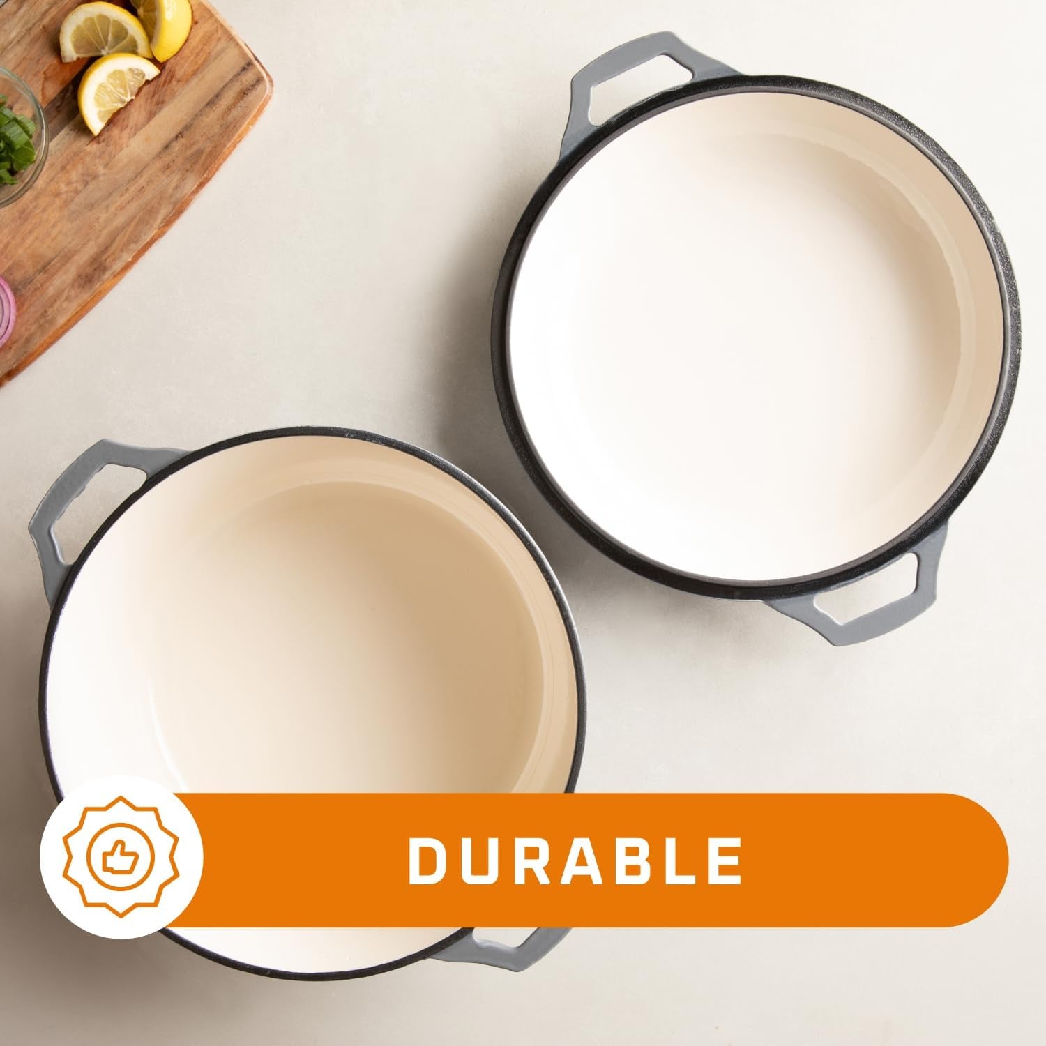 2-in-1 Enamel Cast Iron Dutch Oven with Skillet Lid - 7 Quart Grey Crock Pot and Braising Pan for Casserole Dishes