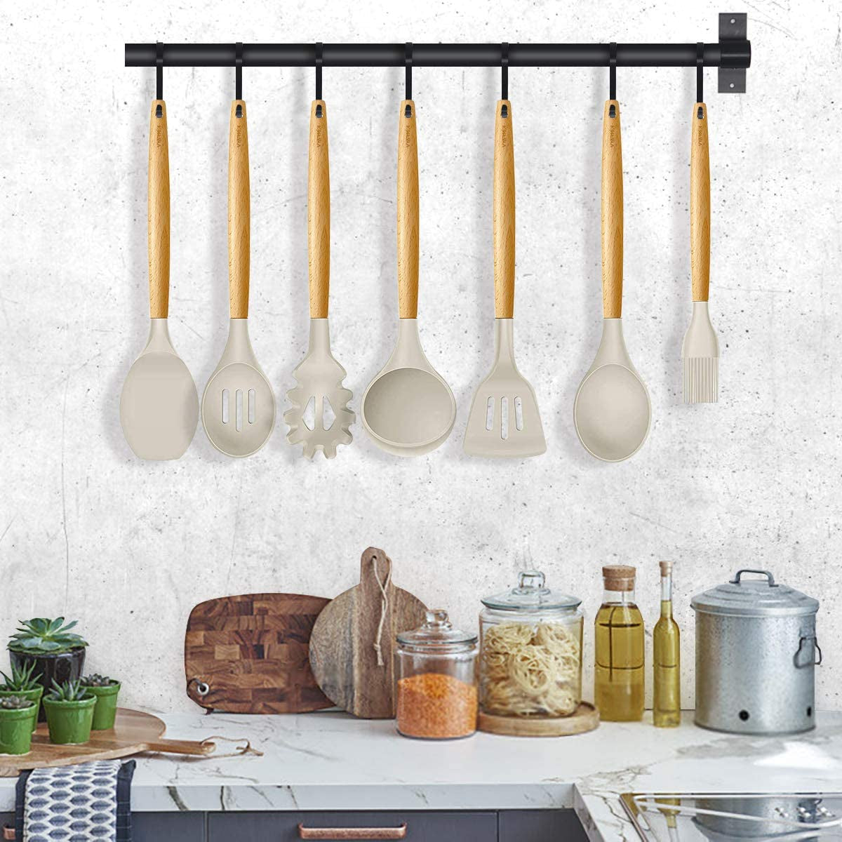 21-Piece Silicone Cooking Utensil Set with Wooden Handles - BPA-Free Non-Toxic Kitchen Tools for Nonstick Cookware, Includes Holder (Khaki)