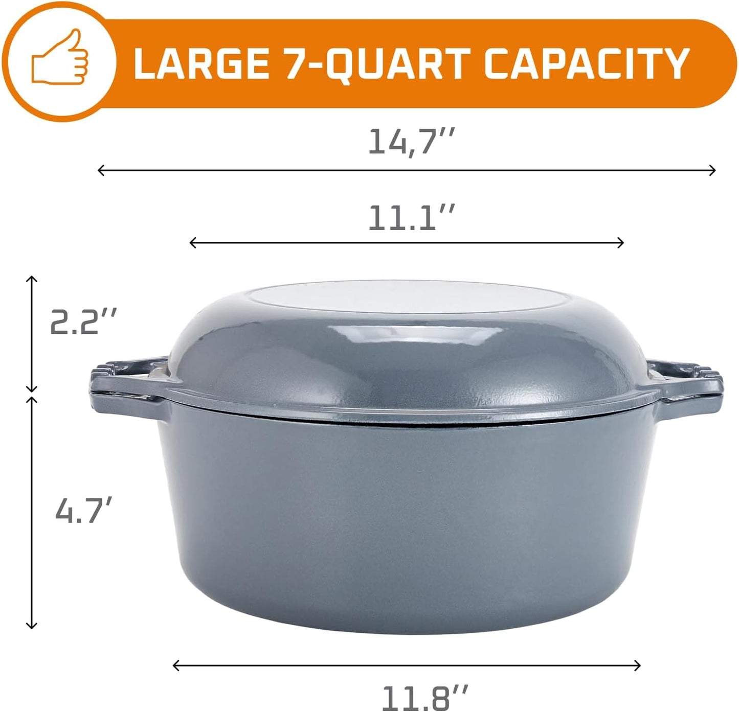 2-in-1 Enamel Cast Iron Dutch Oven with Skillet Lid - 7 Quart Grey Crock Pot and Braising Pan for Casserole Dishes