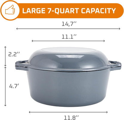 2-in-1 Enamel Cast Iron Dutch Oven with Skillet Lid - 7 Quart Grey Crock Pot and Braising Pan for Casserole Dishes