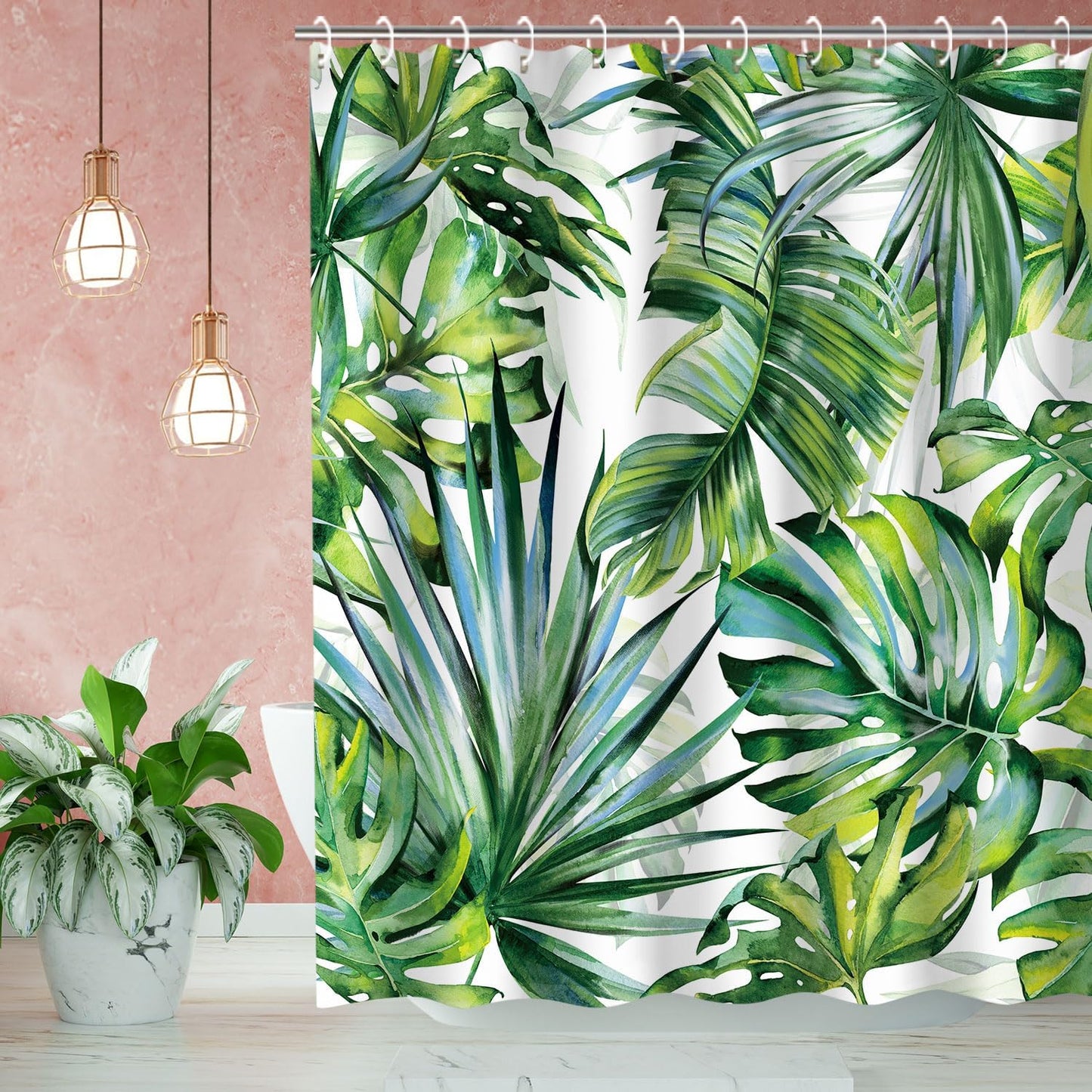 Tropical Botanical Green Leaf Shower Curtain Set with 12 Hooks for Bathroom Decor, 72" x 72