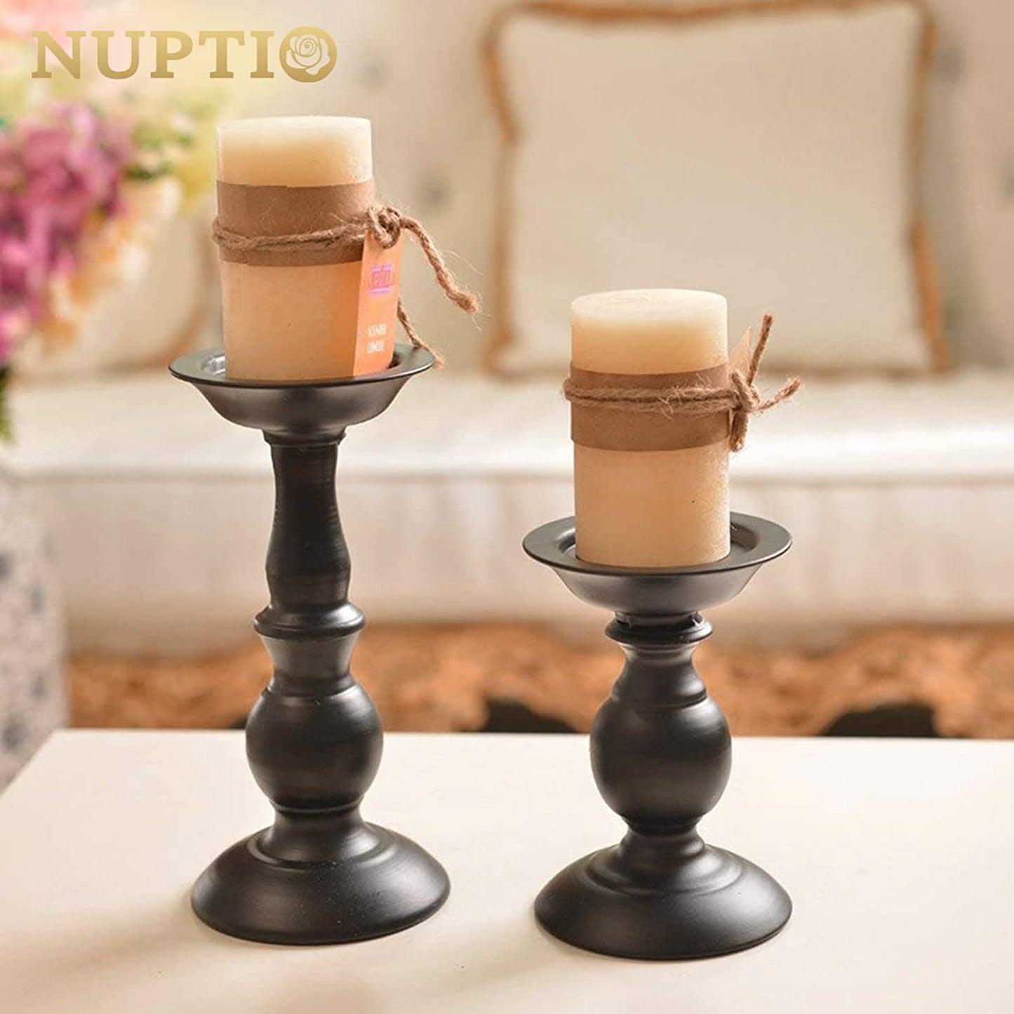 Black Metal Pillar Candle Holders Set - 2 Rustic Tall Candle Stands for Home Decor, Fireplace Centerpiece, Halloween and Easter Events