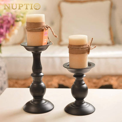 Black Metal Pillar Candle Holders Set - 2 Rustic Tall Candle Stands for Home Decor, Fireplace Centerpiece, Halloween and Easter Events