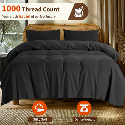 1000 Thread Count 100% Egyptian Cotton Twin Sheet Set, 3-Piece Deep Pocket Bedding Set, 16" Soft and Comfortable for All Seasons (Black)