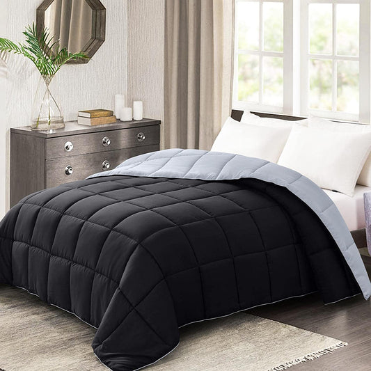 Oversized Queen Comforter - Lightweight Down Alternative Duvet Insert, Reversible Black and Light Grey Quilted Bedding for All Seasons