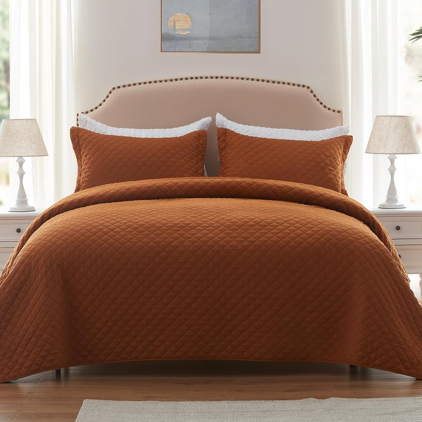 King Size Brunt Orange Quilt Set - Lightweight Reversible Comforter Bedspread with Rust Diamond Quilting, Includes 1 Quilt and 2 Pillow Shams, Ideal for All Seasons