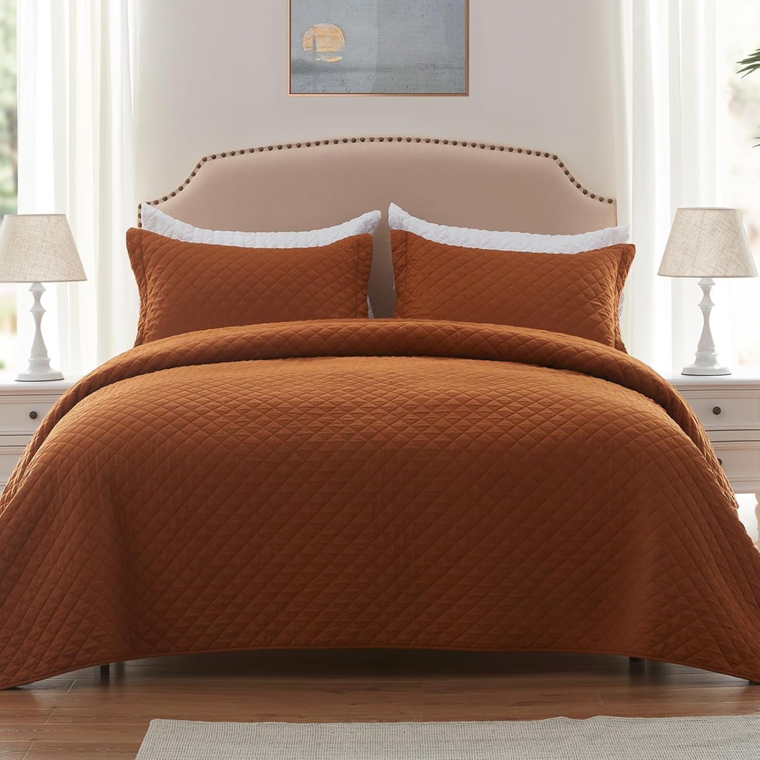 King Size Brunt Orange Quilt Set - Lightweight Reversible Comforter Bedspread with Rust Diamond Quilting, Includes 1 Quilt and 2 Pillow Shams, Ideal for All Seasons