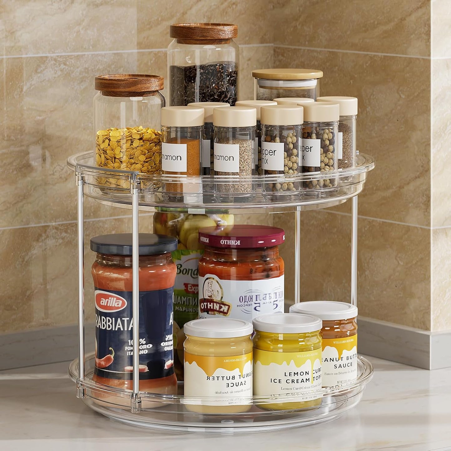 2-Tier Rotating Lazy Susan Turntable Organizer - 9.25'' Clear Spice Rack for Kitchen, Pantry, Bathroom, and Vanity Storage