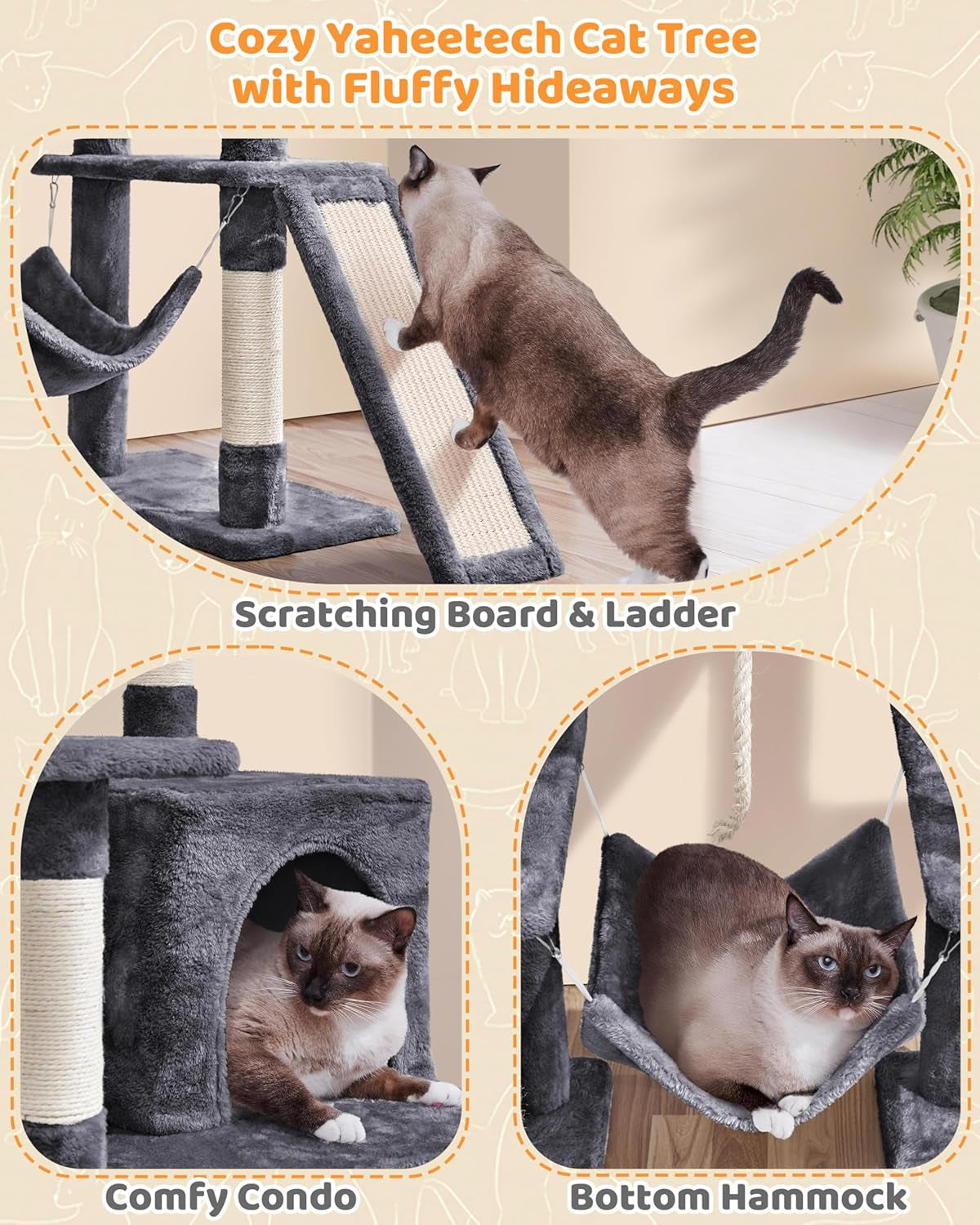 Yaheetech 63-Inch Large Cat Tree for Heavy Cats up to 22 lbs, Stable Design with Condo and Hammock, Space-Saving Solution for Indoor Multi-Pet Homes, Reduces Furniture Scratching