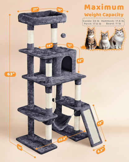 Yaheetech 63-Inch Large Cat Tree for Heavy Cats up to 22 lbs, Stable Design with Condo and Hammock, Space-Saving Solution for Indoor Multi-Pet Homes, Reduces Furniture Scratching