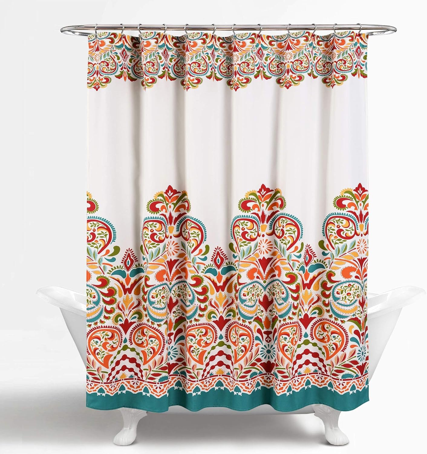 Clara 72" W x 72" L Turquoise and Tangerine Fabric Shower Curtain - Vibrant Boho Bathroom Décor