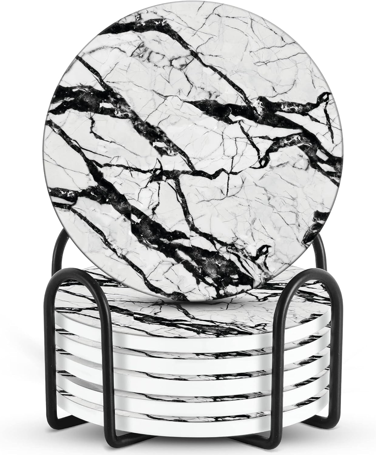 Emerson Marble Coaster Set of 6 with Holder – Absorbent Non-Slip Ceramic Coasters for Coffee Tables – Durable Design (Boulder)