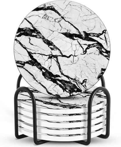 Emerson Marble Coaster Set of 6 with Holder – Absorbent Non-Slip Ceramic Coasters for Coffee Tables – Durable Design (Boulder)