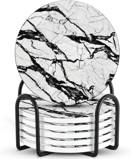 Emerson Marble Coaster Set of 6 with Holder – Absorbent Non-Slip Ceramic Coasters for Coffee Tables – Durable Design (Boulder)
