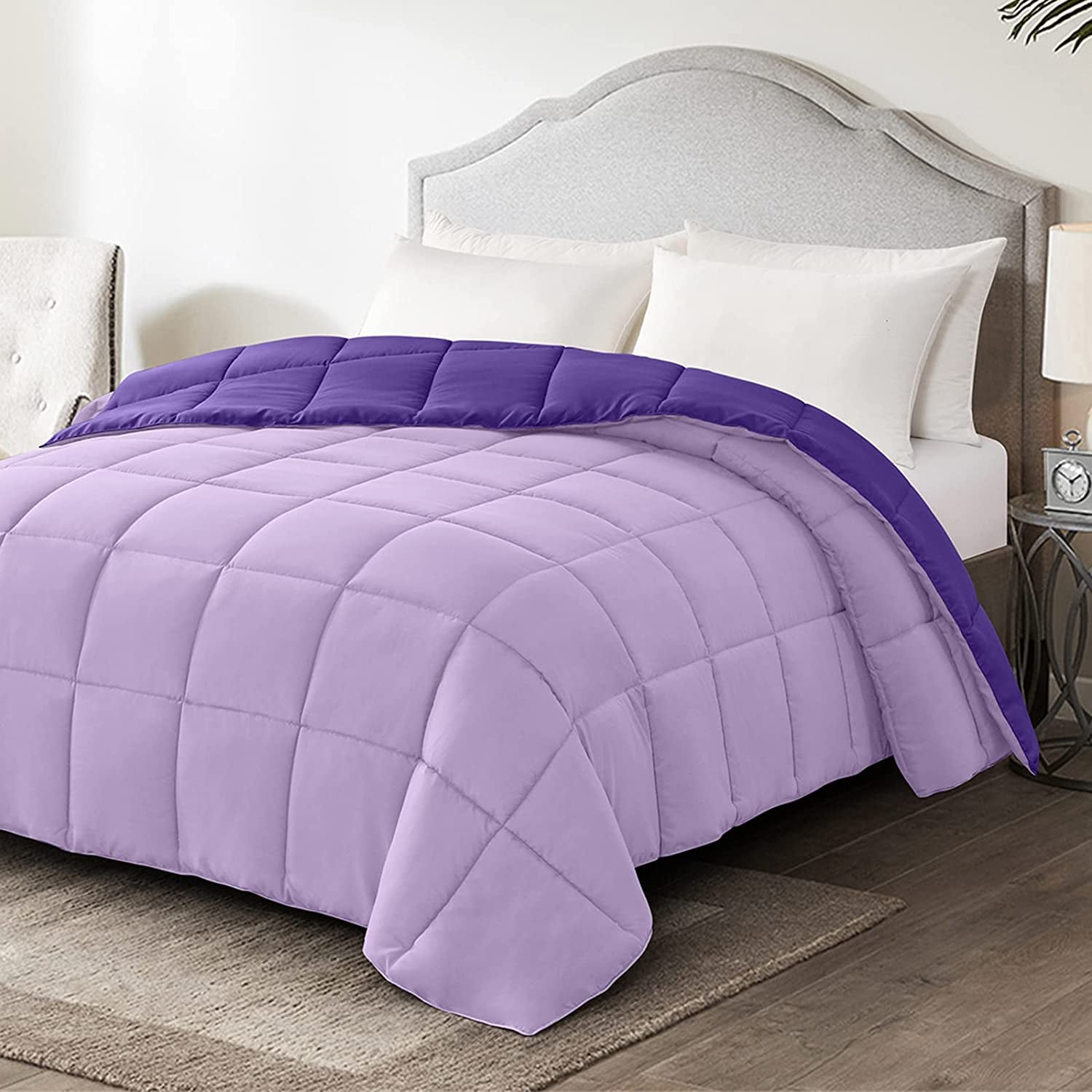 Twin Size Reversible Down Alternative Comforter - Lightweight Quilted Bedding in Plum and Light Purple for All Seasons